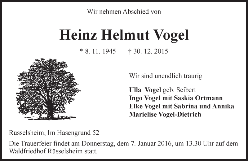  Traueranzeige für Heinz Helmut Vogel vom 05.01.2016 aus trauer.echo-online.de
