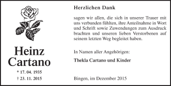 Traueranzeige von Heinz Cartano von  Allgemeine  Zeitung Ingelheim-Bingen