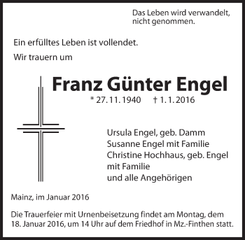 Traueranzeige von Franz Günter Engel von  Allgemeine Zeitung Mainz