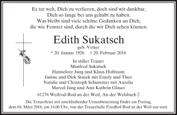 Traueranzeige von Edith Sukatsch von  Usinger Anzeiger