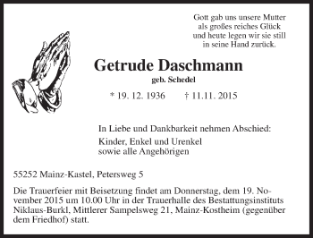 Traueranzeige von Getrude Daschmann von  Allgemeine Zeitung Mainz