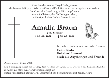 Traueranzeige von Amalia Braun von  Allgemeine Zeitung Alzey