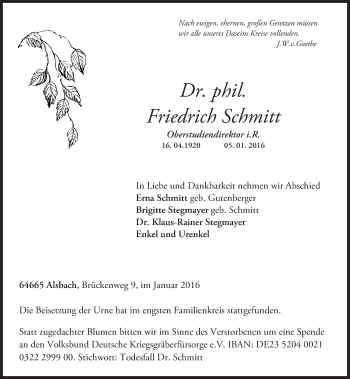 Traueranzeige von Friedrich Schmitt von  Allg. Zeitung Bad Kreuznach