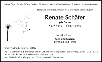 Traueranzeige von Renate Schäfer von  Kreisanzeiger