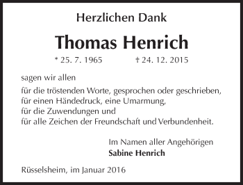 Traueranzeige von Thomas Henrich von  Mainspitze