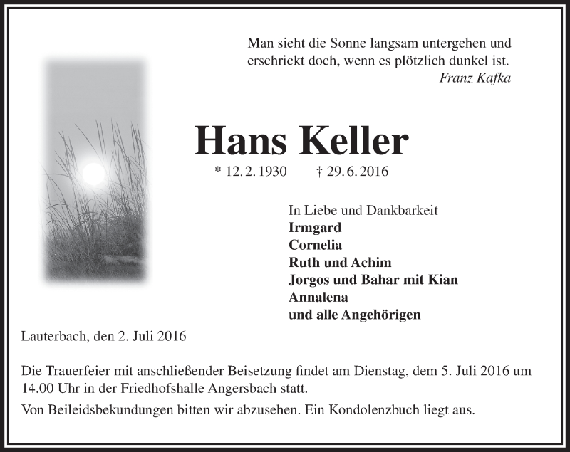 Traueranzeige für Hans Keller vom 02.07.2016 aus VRM Trauer