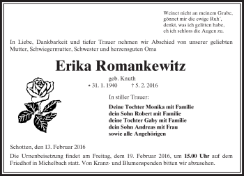 Traueranzeige von Erika Romankewitz von  Kreisanzeiger