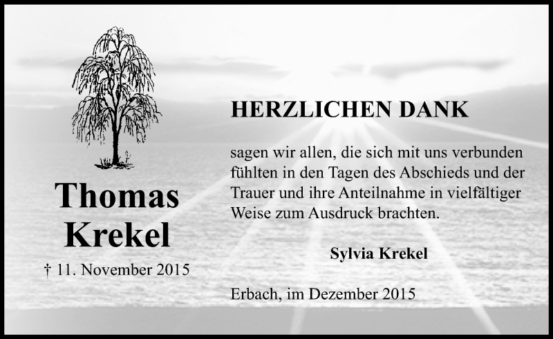  Traueranzeige für Thomas Krekel vom 10.12.2015 aus  Camberger Anzeiger