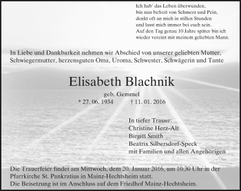 Traueranzeige von Elisabeth Blachnik von  Allgemeine Zeitung Mainz