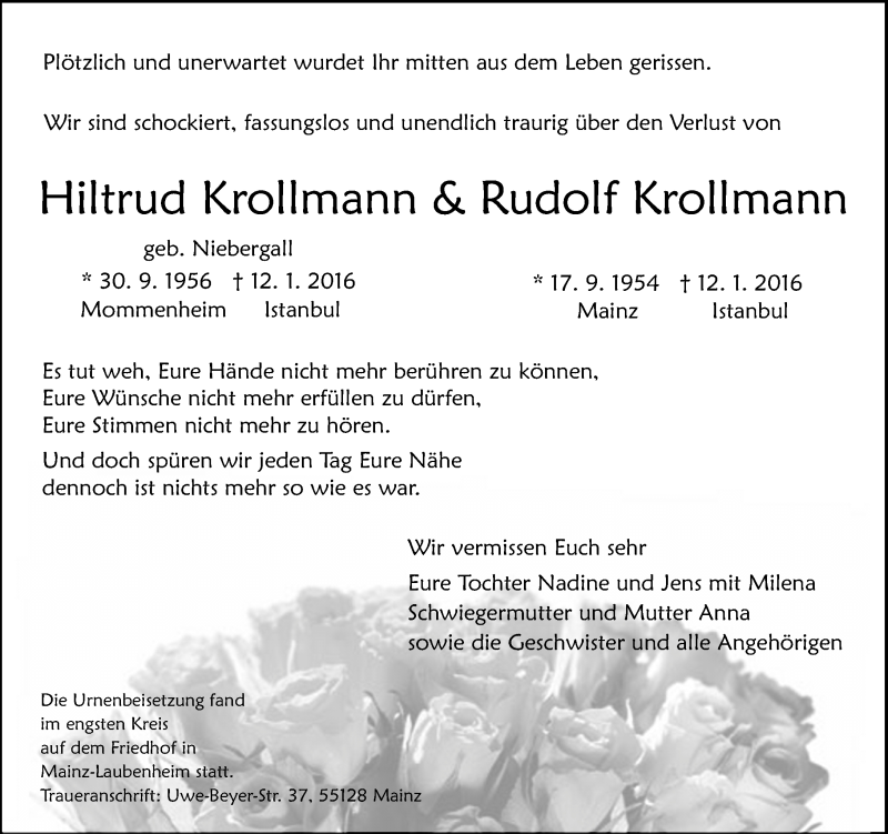  Traueranzeige für Hiltrud und Rudolf Krollmann vom 30.01.2016 aus  Allgemeine Zeitung Mainz
