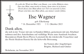 Traueranzeige von Ilse Wagner von  Usinger Anzeiger