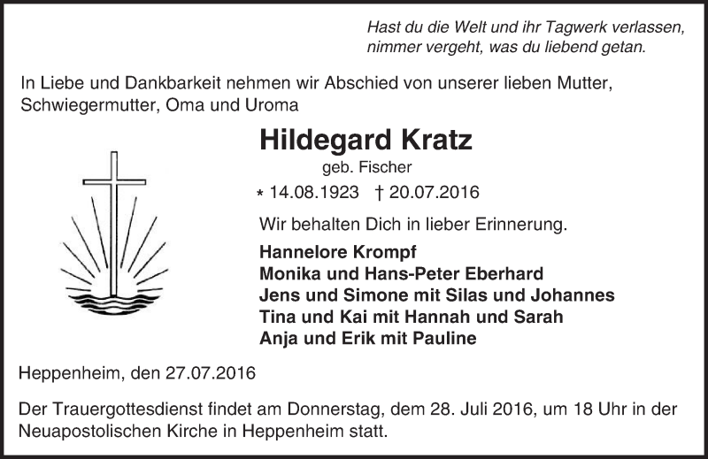  Traueranzeige für Hildegard Kratz vom 27.07.2016 aus Trauerportal Echo Online