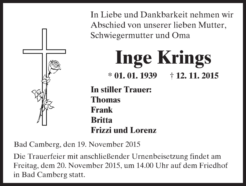  Traueranzeige für Inge Krings vom 19.11.2015 aus  Camberger Anzeiger