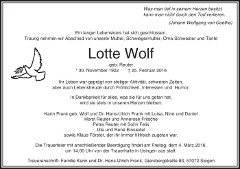 Traueranzeige von Lotte Wolf von  Usinger Anzeiger