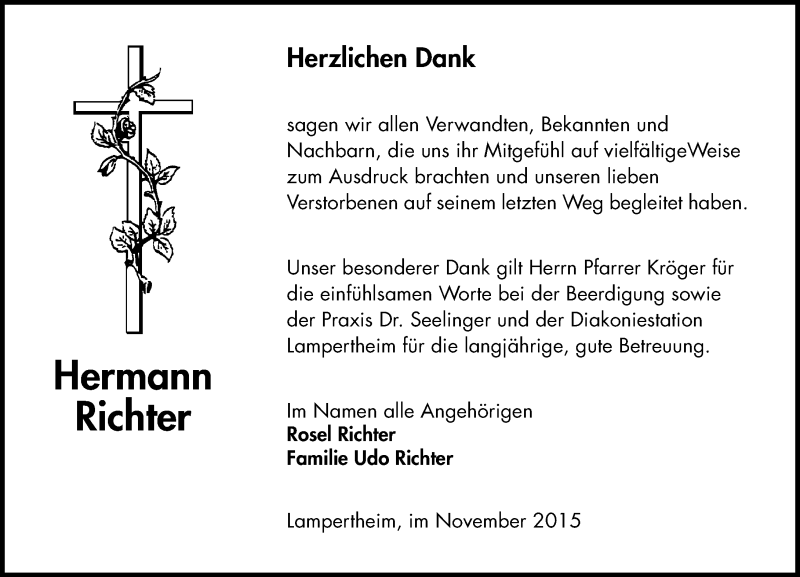  Traueranzeige für Hermann Richter vom 21.11.2015 aus  Bürstädter Zeitung