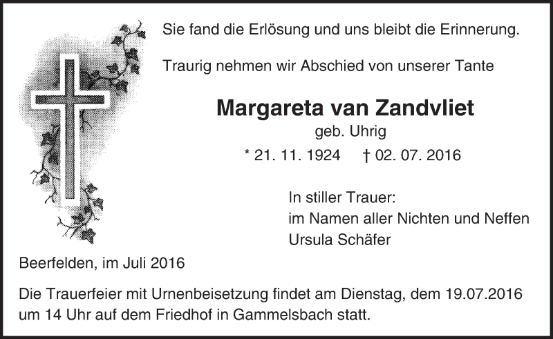  Traueranzeige für Margareta van Zandvliet vom 16.07.2016 aus Trauerportal Echo Online