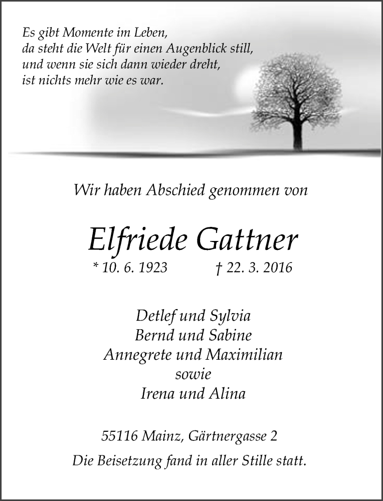 Traueranzeige für Elfriede Gattner vom 02.04.2016 aus  Allgemeine Zeitung Mainz