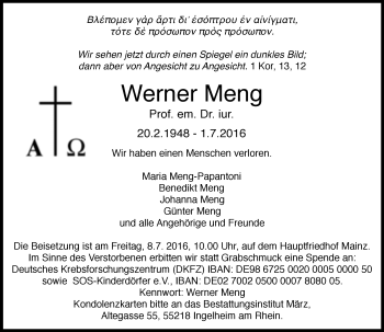 Traueranzeige von Werner Meng von Trauerportal Rhein Main Presse