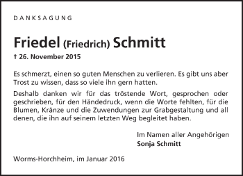 Traueranzeige von Friedel  Schmitt von  Wormser Zeitung