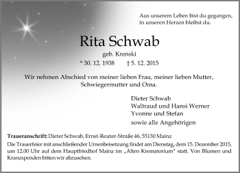 Traueranzeige von Rita Schwab von  Allgemeine Zeitung Mainz