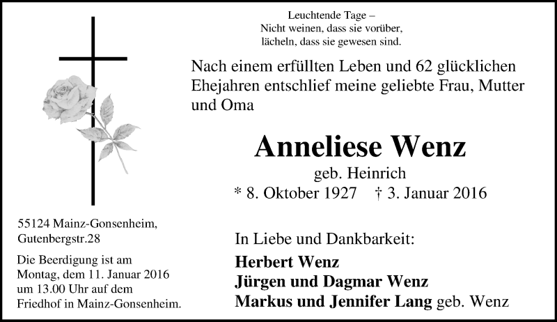  Traueranzeige für Anneliese Wenz vom 09.01.2016 aus  Allgemeine Zeitung Mainz