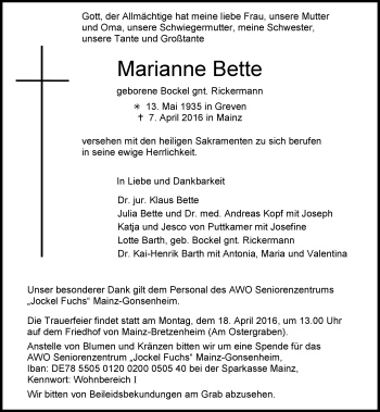 Traueranzeige von Marianne Bette von  Allgemeine Zeitung Mainz