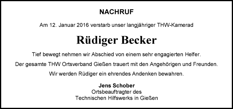  Traueranzeige für Rüdiger Becker vom 19.01.2016 aus  Gießener Anzeiger
