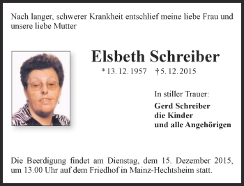 Traueranzeige von Elsbeth Schreiber von  Allgemeine Zeitung Mainz