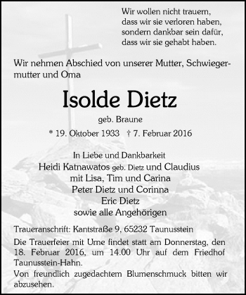 Traueranzeige von Isolde Dietz von  WK-UTA/Aar-Bote