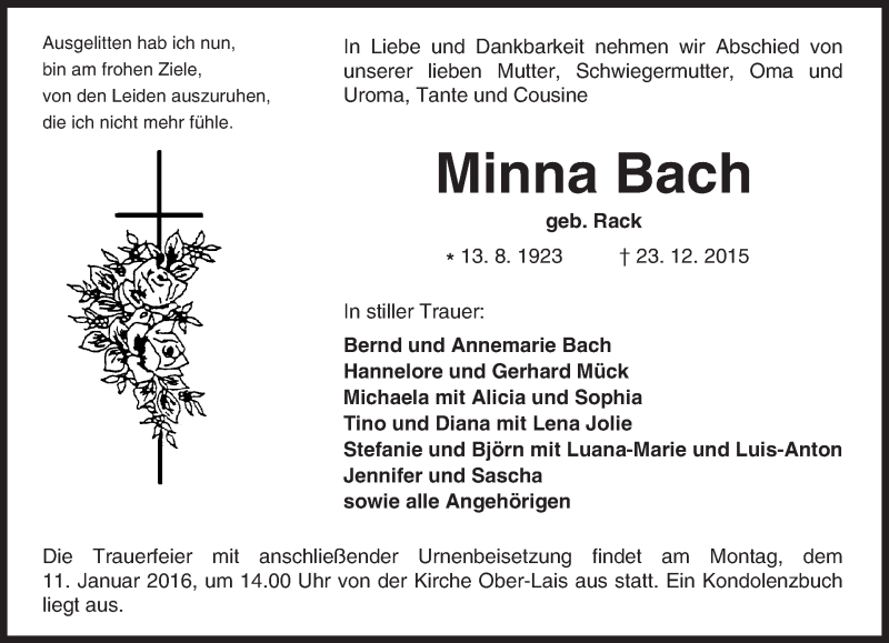  Traueranzeige für Minna Bach vom 07.01.2016 aus  Kreisanzeiger