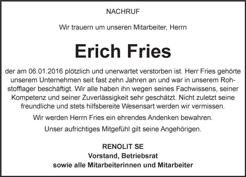  Traueranzeige für Erich Fries vom 15.01.2016 aus trauer.rmp.de