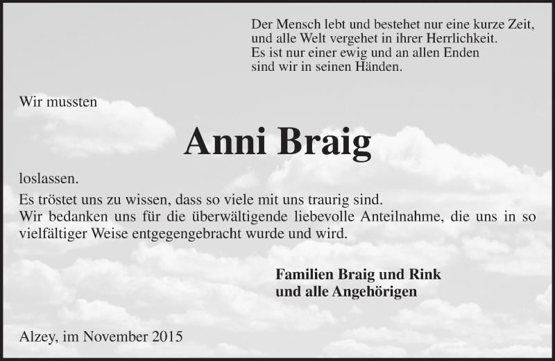  Traueranzeige für Anni Braig vom 21.11.2015 aus  Allgemeine Zeitung Alzey