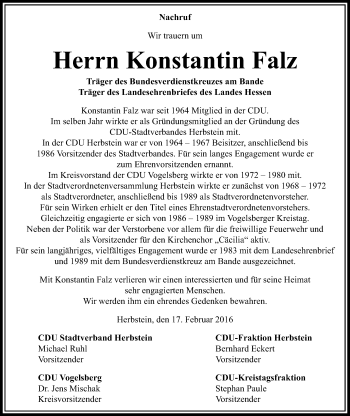 Traueranzeige von Konstantin Falz von VRM Trauer