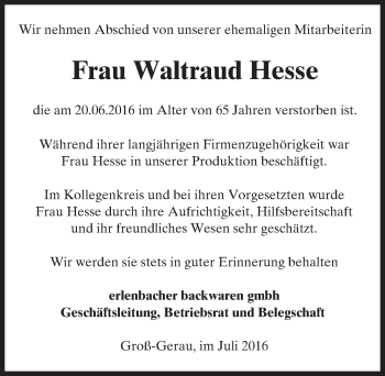 Traueranzeige von Waltraud Hesse von Trauerportal Echo Online