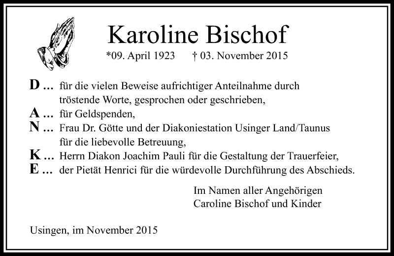  Traueranzeige für Karoline Bischof vom 18.11.2015 aus  Usinger Anzeiger