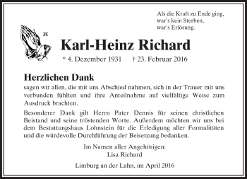 Traueranzeige von Karl-Heinz Richard von  Usinger Anzeiger