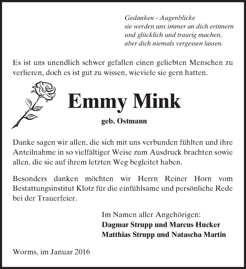  Traueranzeige für Emmy Mink vom 22.01.2016 aus  Wormser Zeitung