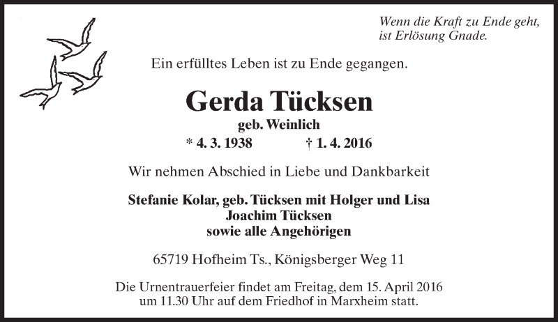  Traueranzeige für Gerda Tücksen vom 08.04.2016 aus  Hofheimer Zeitung