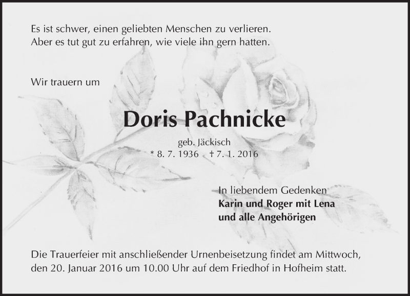  Traueranzeige für Doris Pachnicke vom 18.01.2016 aus  Bürstädter Zeitung