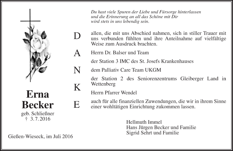  Traueranzeige für Erna Becker vom 30.07.2016 aus  Gießener Anzeiger
