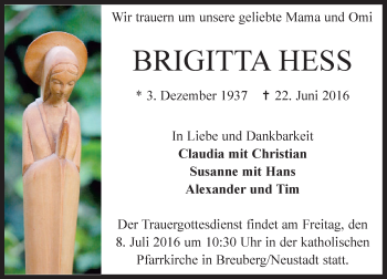 Traueranzeige von Brigitta Hess von Trauerportal Echo Online