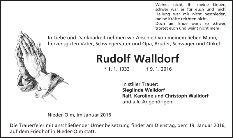  Traueranzeige für Rudolf Walldorf vom 15.01.2016 aus  Allgemeine Zeitung Mainz