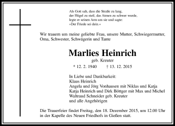 Traueranzeige von Marlies Heinrich von  Gießener Anzeiger