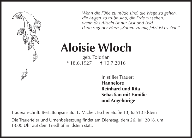  Traueranzeige für Aloisie Wloch vom 23.07.2016 aus Trauerportal Rhein Main Presse