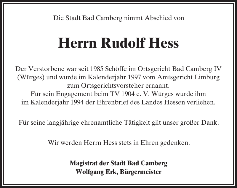  Traueranzeige für Rudolf Hess vom 18.02.2016 aus  Camberger Anzeiger