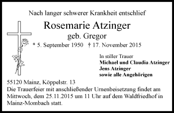 Traueranzeige von Rosemarie Atzinger von  Allgemeine Zeitung Mainz