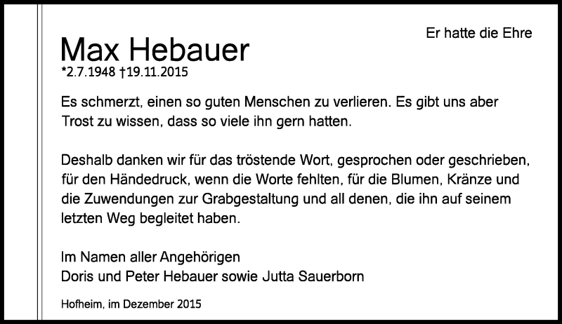  Traueranzeige für Max Hebauer vom 12.12.2015 aus  Bürstädter Zeitung