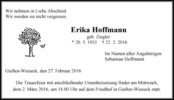 Traueranzeige von Erika Hoffmann von  Gießener Anzeiger