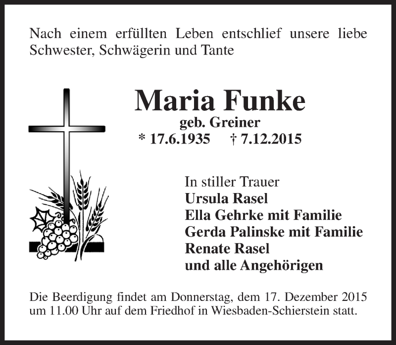  Traueranzeige für Maria Funke vom 12.12.2015 aus  Wiesbaden komplett
