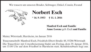 Traueranzeige von Norbert Esch von  Allgemeine Zeitung Mainz
